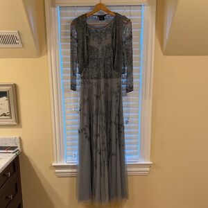 Pisarro Nights Beaded Long Sleeve Steel Gray Evening Gown with Sheer Bolero